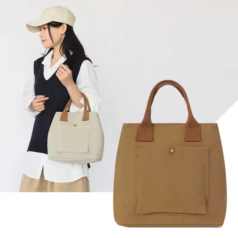 Canvas Tote with Double Shoulder Straps and Front Button Pocket product reference image