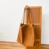 Striped Plush Shoulder Tote with Large-Capacity Profile Brown color SKU reference