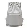 Nylon Drawstring Travel Backpack with Front Dry-Wet Pocket Gray color SKU reference