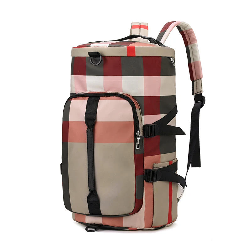 Plaid Travel Backpack with Shoe Compartment Khaki color SKU reference