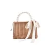 Woven Bamboo Bucket Tote with Pearl-Style Handle Cream color SKU reference