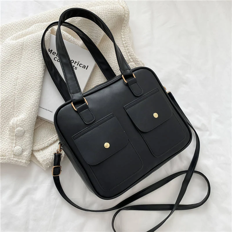 PU Color-Block Shoulder Tote with Front Pockets Black color SKU reference