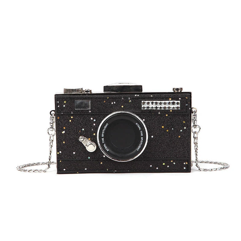 Sequined Camera-Style Metal-Frame Mini Evening Bag Black color SKU reference