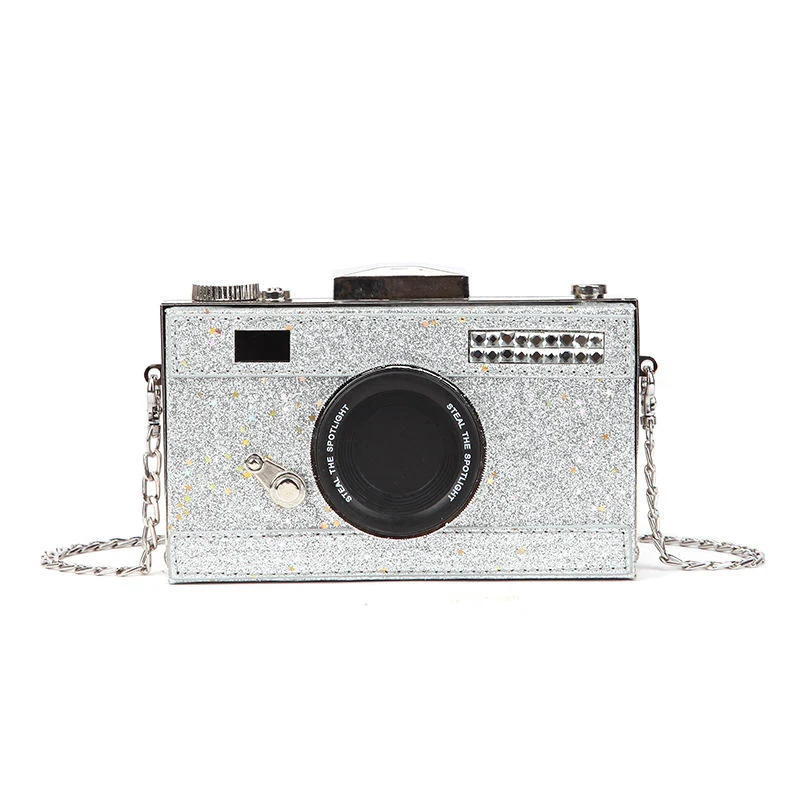 Sequined Camera-Style Metal-Frame Mini Evening Bag White color SKU reference