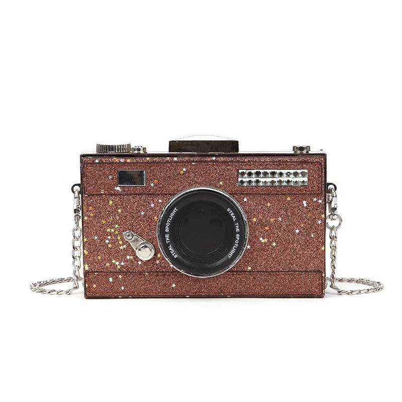 Sequined Camera-Style Metal-Frame Mini Evening Bag Brown color SKU reference