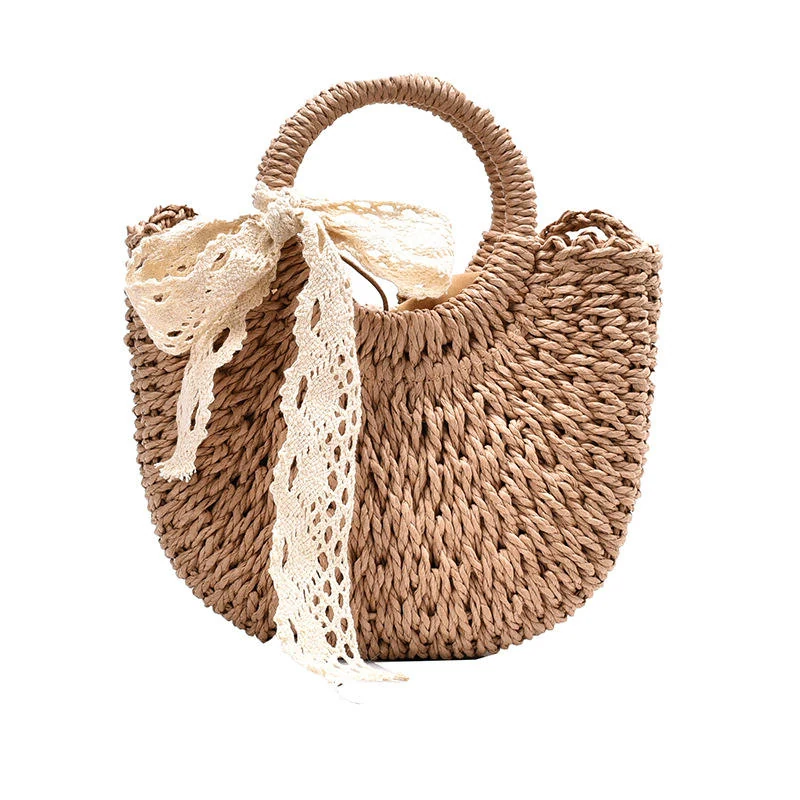 Straw-Woven Vacation Mini Shoulder Bag Khaki color SKU reference