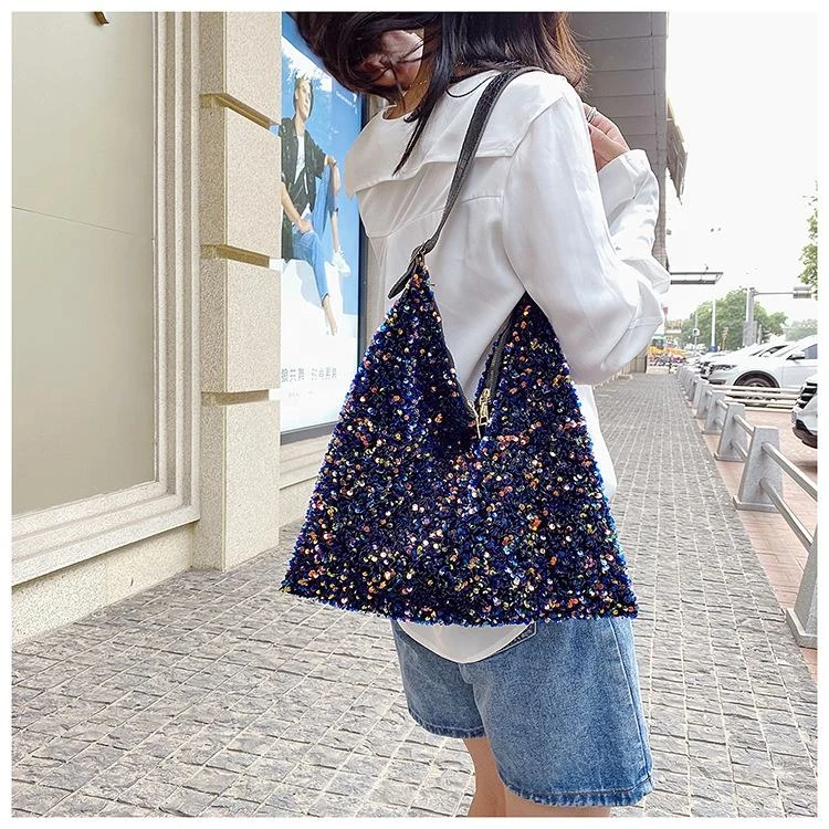 Large Sequined PU Shoulder Tote with V-Mouth Opening product reference image
