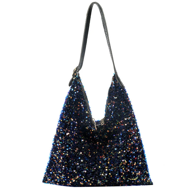 Large Sequined PU Shoulder Tote with V-Mouth Opening Black color SKU reference