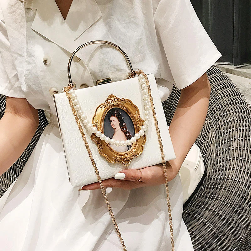 PU Mini Crossbody Bag with Pearl Chain Detail White color SKU reference