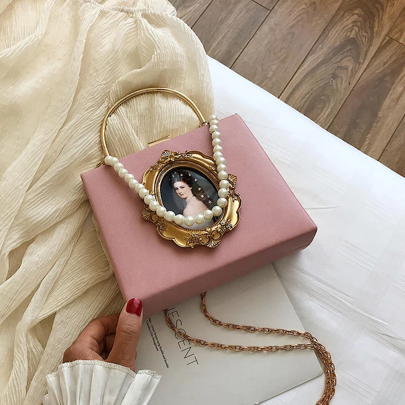 PU Mini Crossbody Bag with Pearl Chain Detail Pink color SKU reference
