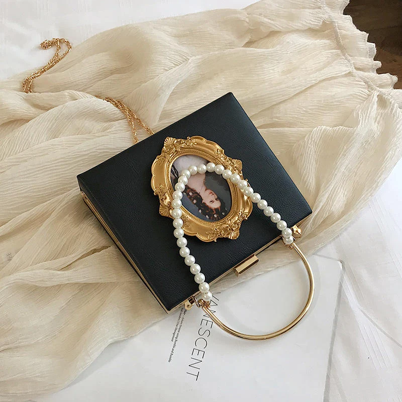 PU Mini Crossbody Bag with Pearl Chain Detail Black color SKU reference
