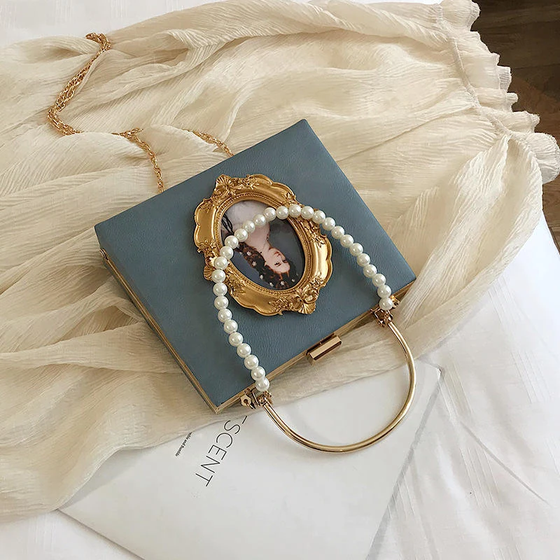 PU Mini Crossbody Bag with Pearl Chain Detail Blue color SKU reference
