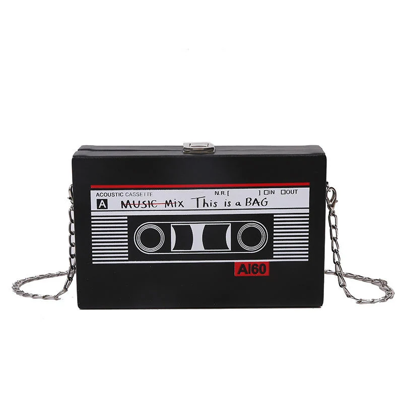 Retro Cassette-Shaped PU Chain Cosmetic Bag Black color SKU reference