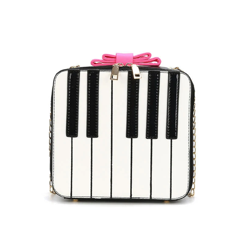 Piano-Shaped PU Crossbody Bag with Double-Bow Detail Black color SKU reference