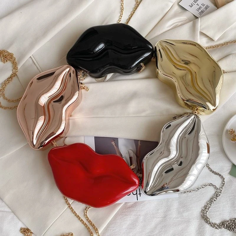 Glossy Lips-Shaped PU Mini Evening Bag with Chain product reference image