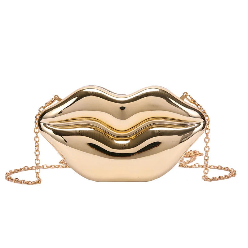Glossy Lips-Shaped PU Mini Evening Bag with Chain Gold color SKU reference