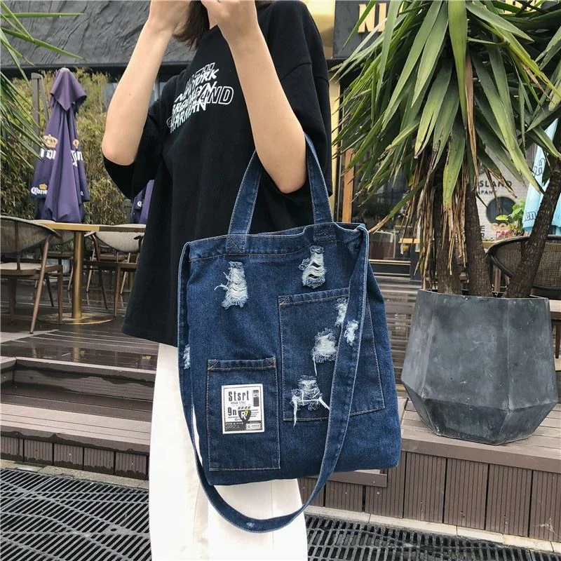 Distressed Denim-Style Shoulder Tote with Two Side Pockets product reference image