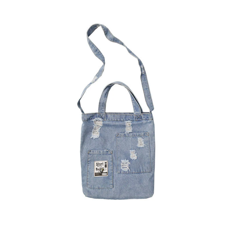 Distressed Denim-Style Shoulder Tote with Two Side Pockets Light blue color SKU reference