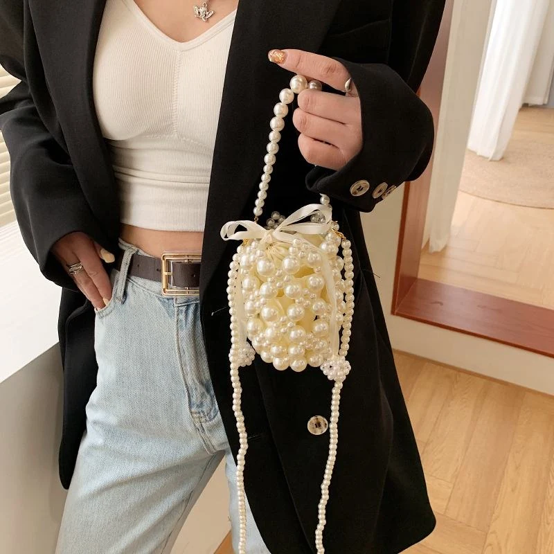Pearl-Woven PVC Mini Bucket Clutch with Detachable Chain product reference image