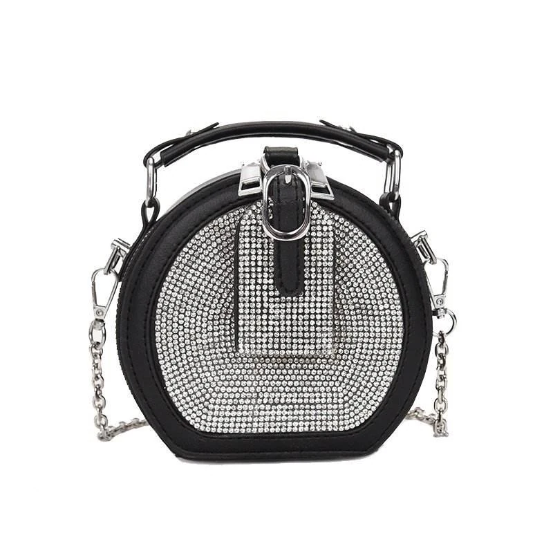 Round Studded PU Mini Shoulder Bag with Detachable Chain Black color SKU reference