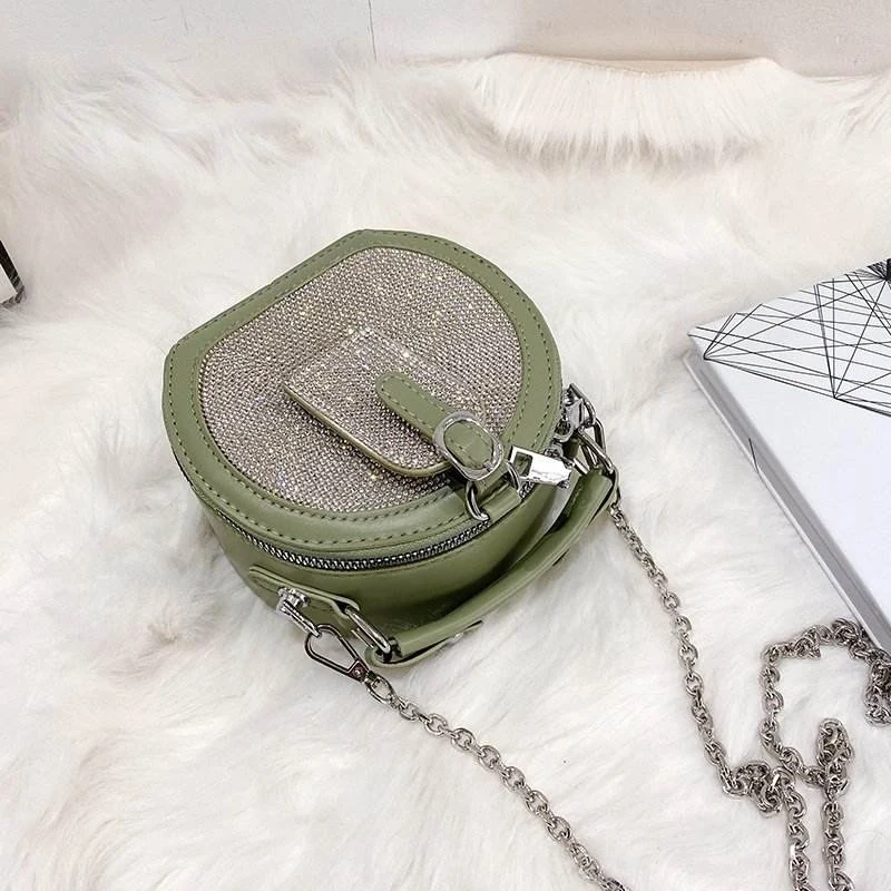 Round Studded PU Mini Shoulder Bag with Detachable Chain Green color SKU reference