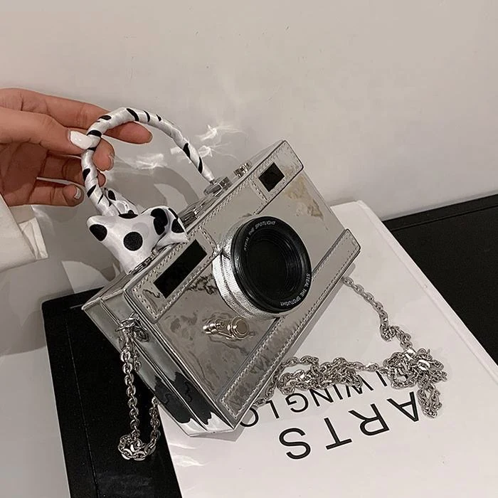 Camera-Shaped Glossy PU Mini Shoulder Bag with Metal Lock Detail product reference image