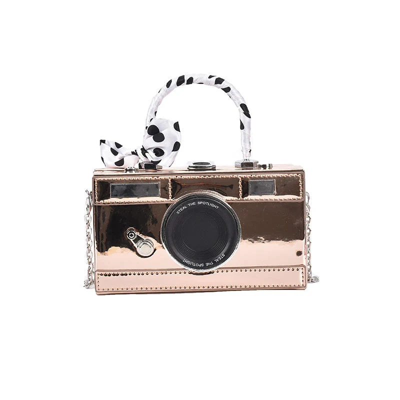 Camera-Shaped Glossy PU Mini Shoulder Bag with Metal Lock Detail Color reference 2 color SKU reference