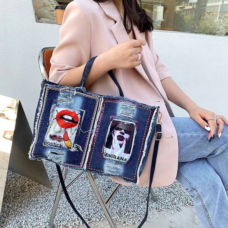 Printed Denim Tote with Crossbody Strap product reference image
