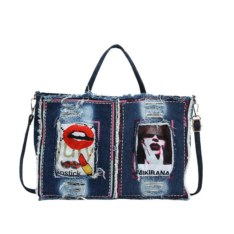 Printed Denim Tote with Crossbody Strap Blue color SKU reference