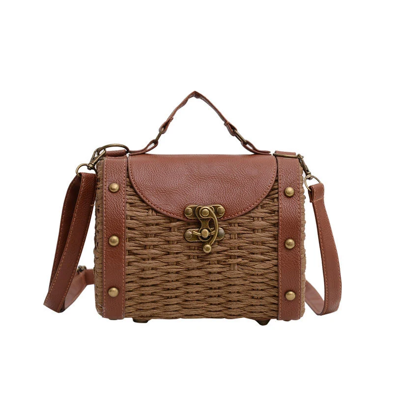 Woven Mini Crossbody Bag with PU Trim Caramel color SKU reference
