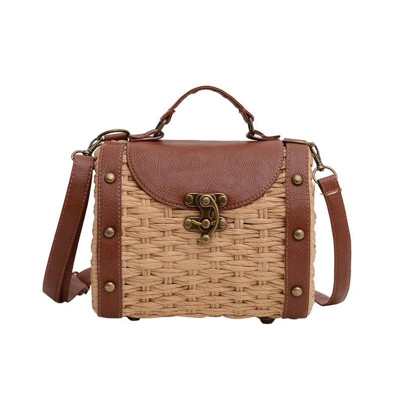 Woven Mini Crossbody Bag with PU Trim Khaki color SKU reference