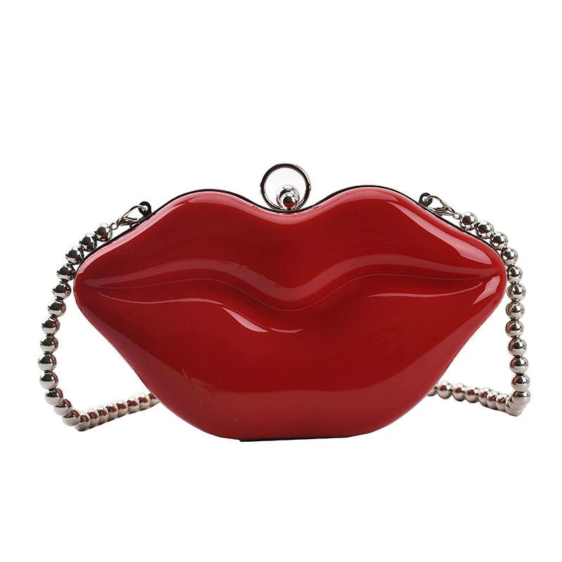 Red-Lips Acrylic Novelty Mini Bag with Chain Red color SKU reference