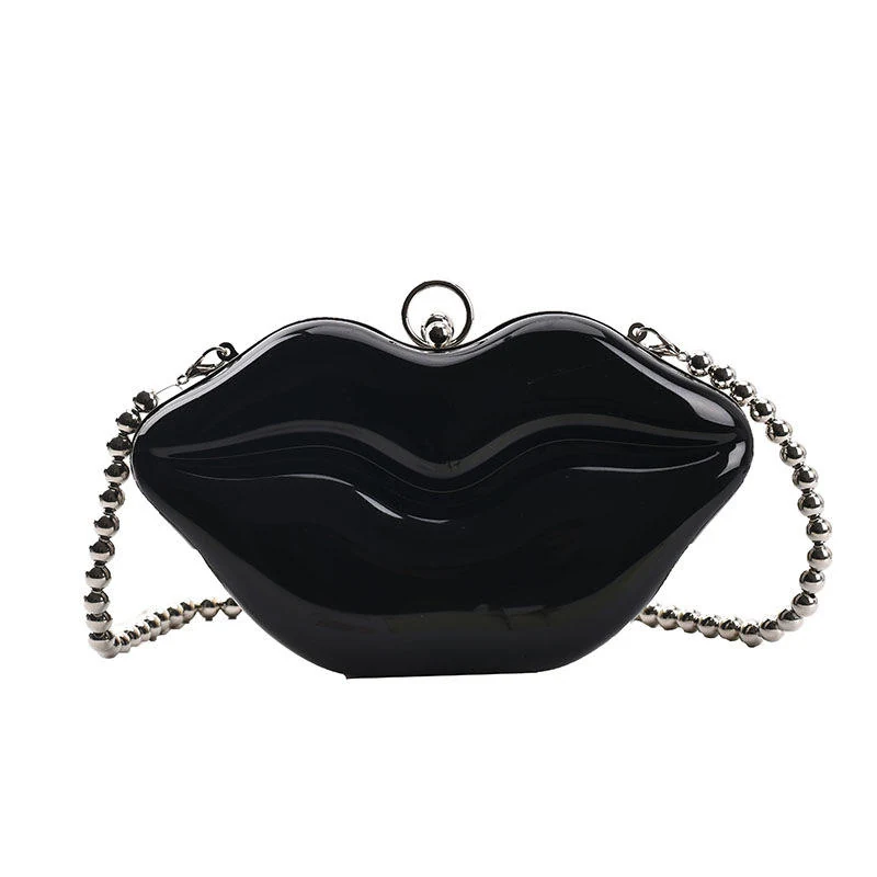 Red-Lips Acrylic Novelty Mini Bag with Chain Black color SKU reference