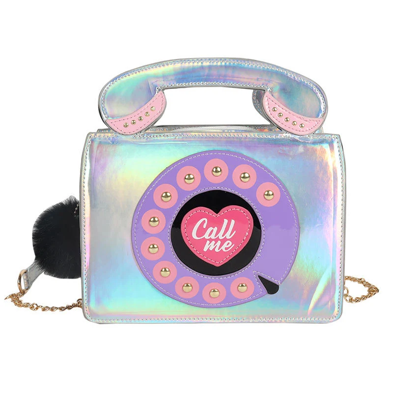 Telephone-Shape PU Crossbody Bag with Removable Strap Silver color SKU reference