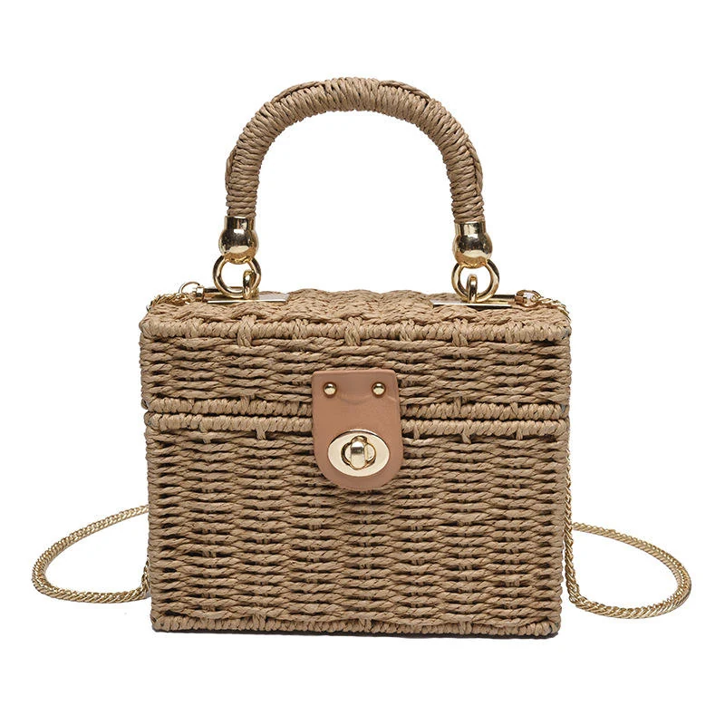 Woven Straw Box Crossbody Bag with Top Handle Khaki color SKU reference