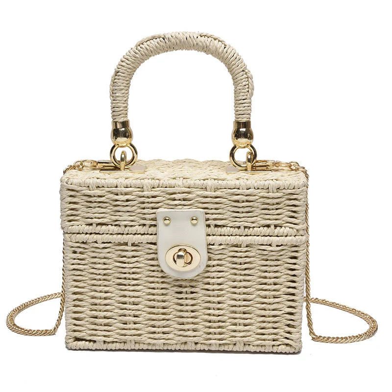 Woven Straw Box Crossbody Bag with Top Handle Brown color SKU reference