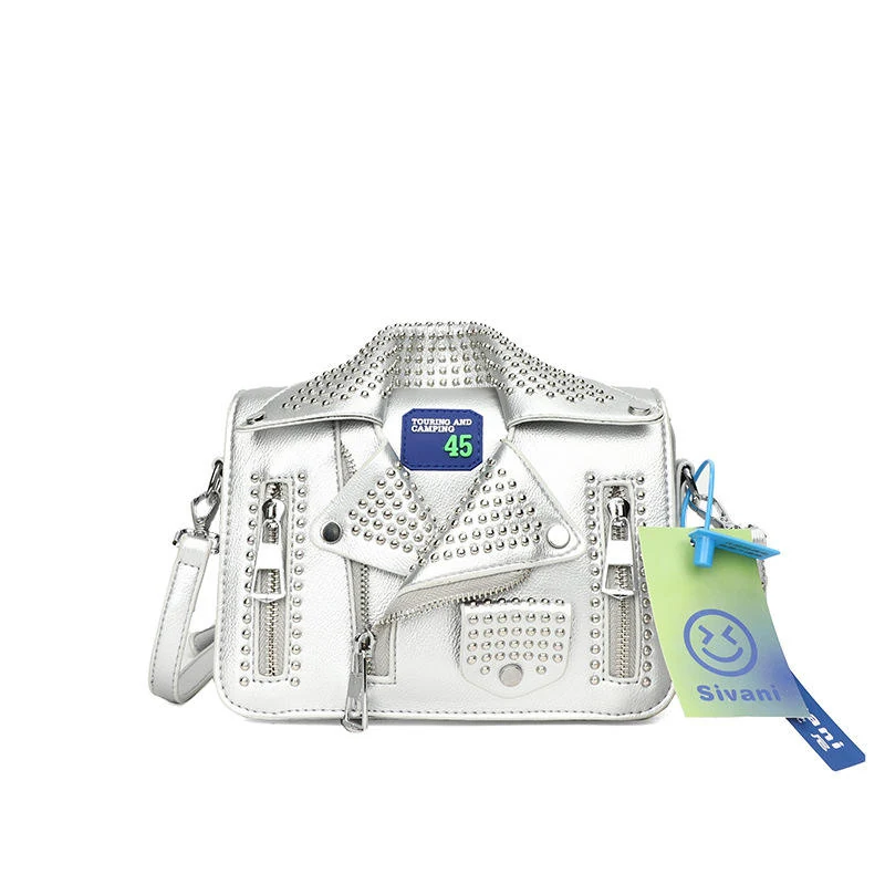 Jacket-Shaped PU Crossbody Bag with Magnetic Buckle Silver color SKU reference
