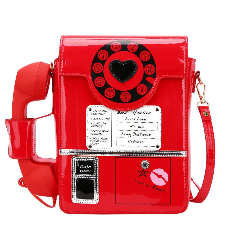 Telephone-Shaped Patent PU Crossbody Bag Red color SKU reference