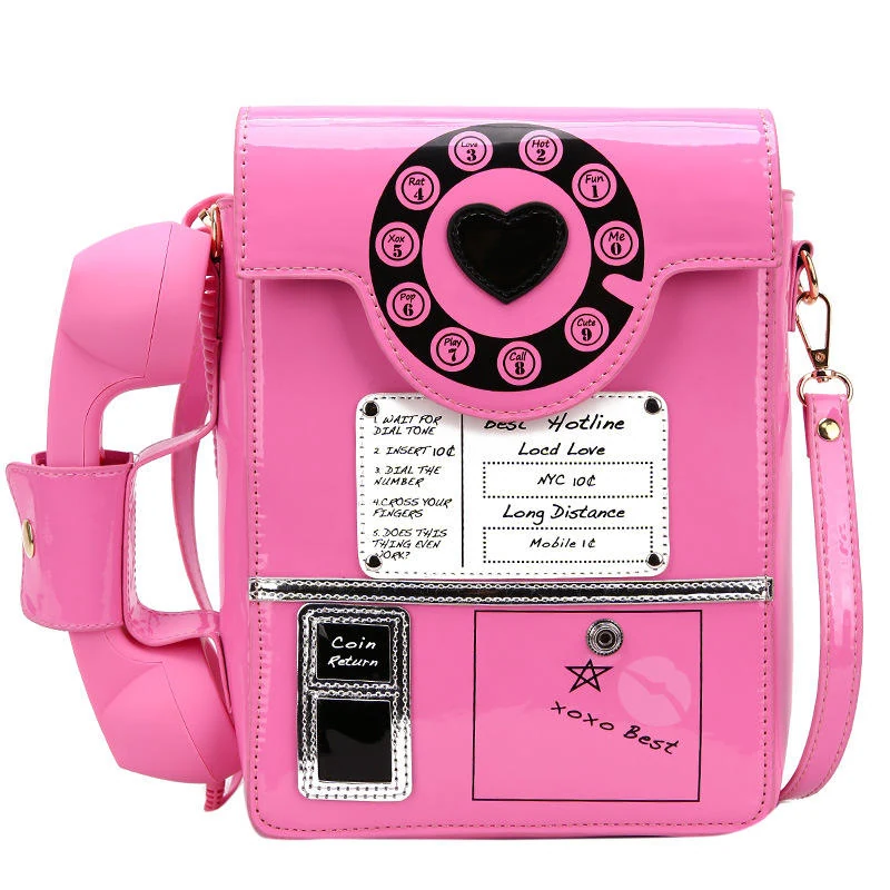 Telephone-Shaped Patent PU Crossbody Bag Pink color SKU reference