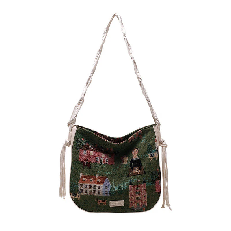 Canvas Tote Bag with Leather Label and Woven Strap Green color SKU reference