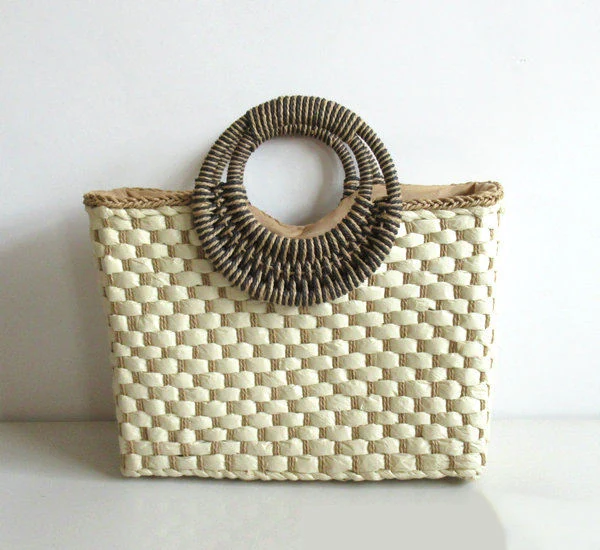 Color-Match Woven Straw Tote with Round Handles Beige color SKU reference