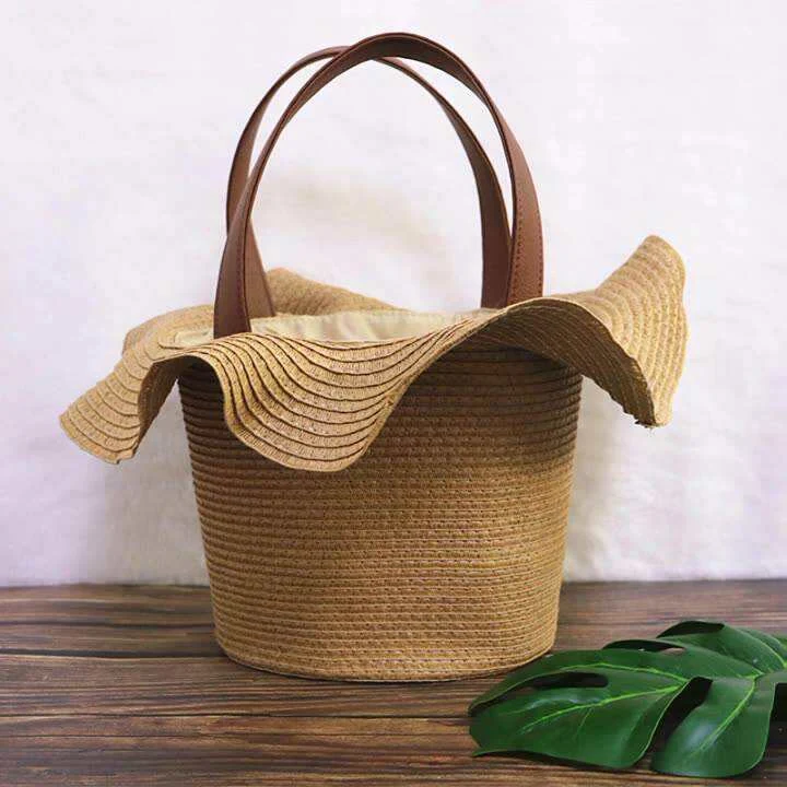 Hat-Shaped Woven Drawstring Mini Bag Brown color SKU reference