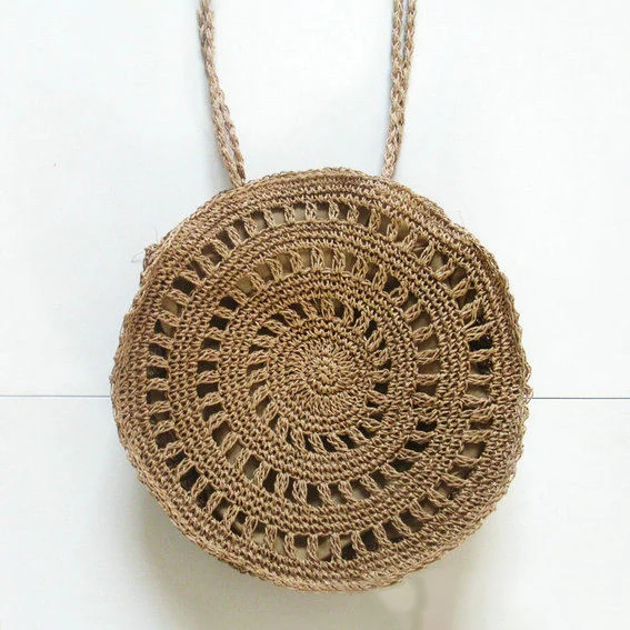 Round Woven Straw Beach Shoulder Tote Brown color SKU reference