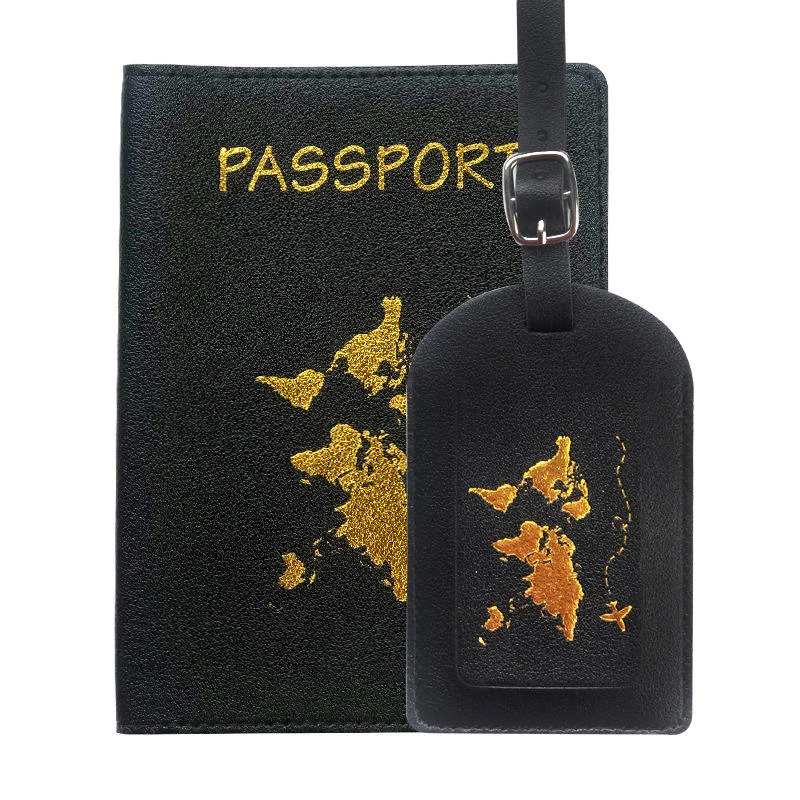PU Passport Cover, Card Holder and Luggage Tag Collection Black Set color SKU reference