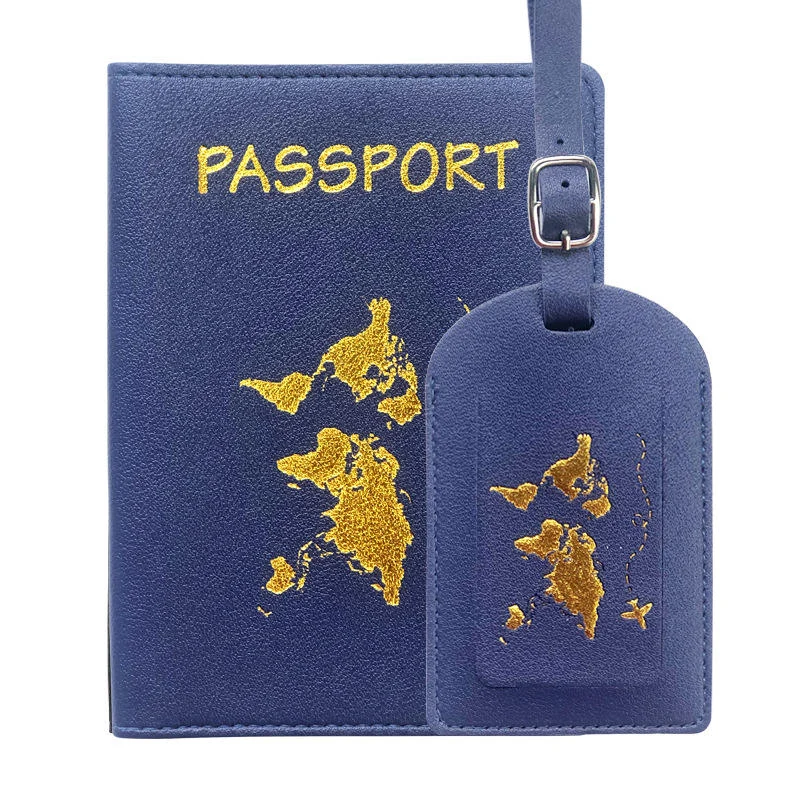 PU Passport Cover, Card Holder and Luggage Tag Collection Dark Blue Set color SKU reference