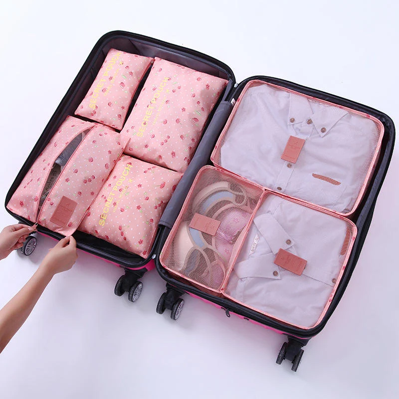 Seven-Piece Packing Cube Set for Travel Luggage Cherry pink color SKU reference