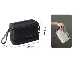 Men’s Double-Layer PU Toiletry Organizer Black color SKU reference