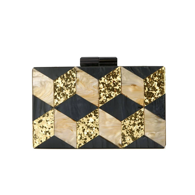 Geometric Acrylic Evening Clutch with Gold-Tone Chain Yellow tone (confirm shade) color SKU reference