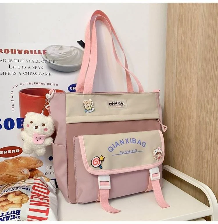 Canvas College Crossbody Bag with Bear Pendant Pink color SKU reference