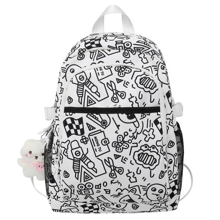 Cartoon Graffiti School Backpack with Bear Pendant product reference image